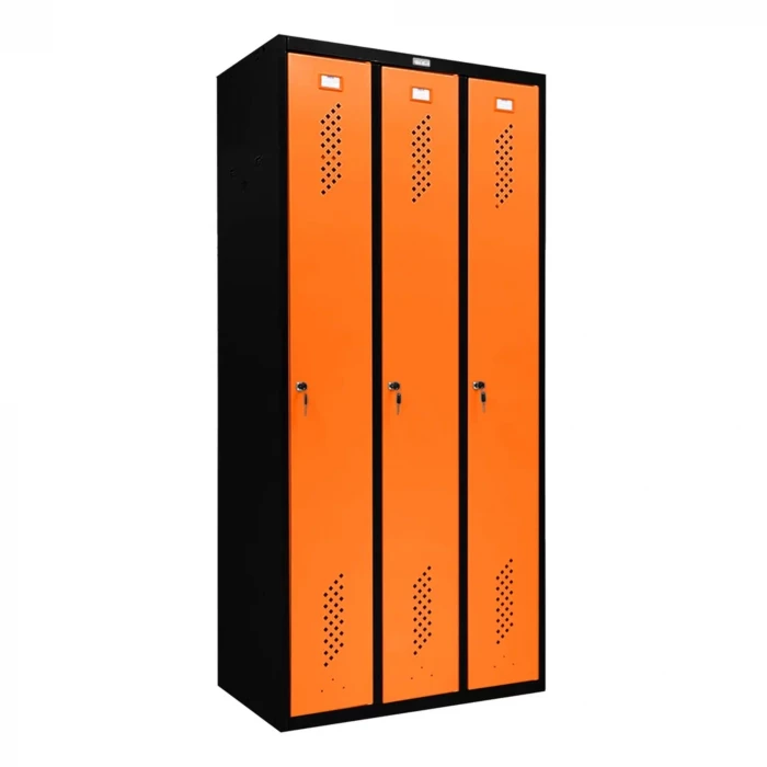 Шкаф металлический трехдверный черный с оранжевым
