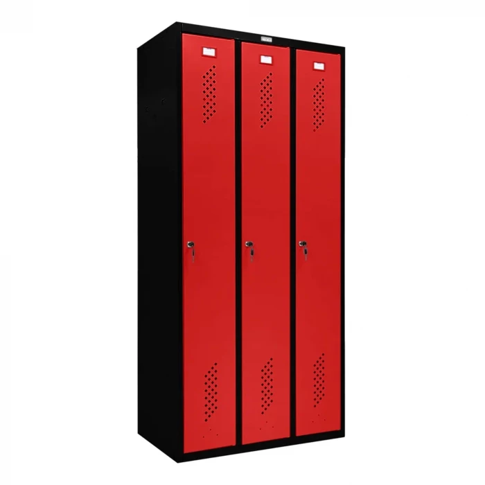 Шкаф металлический трехдверный черный с красным