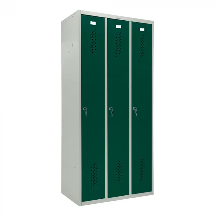 Шкаф металлический трехдверный серый с темно-зеленым