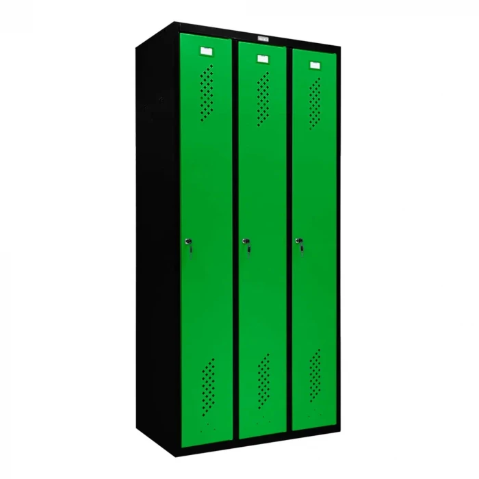 Шкаф металлический трехдверный черный с зеленым