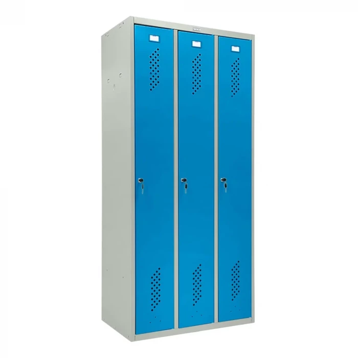 Шкаф металлический трехдверный серый с голубым