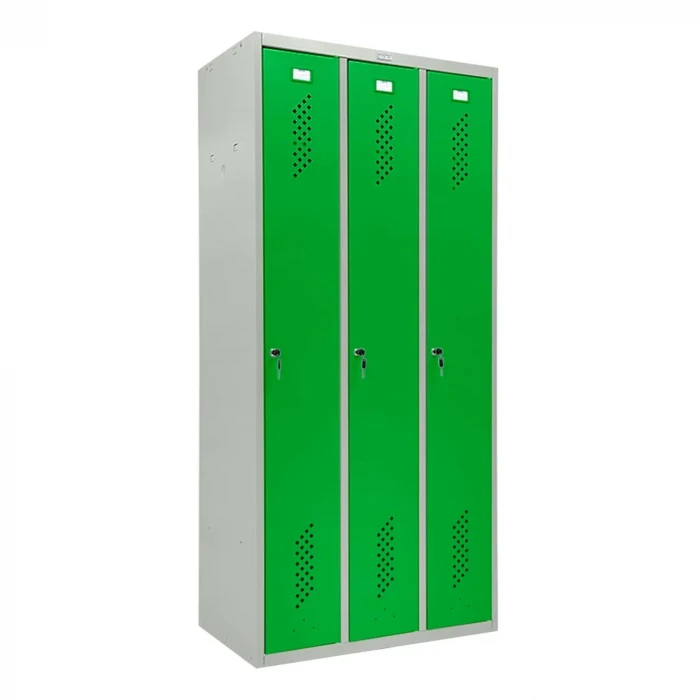Шкаф металлический трехдверный серый с зеленым