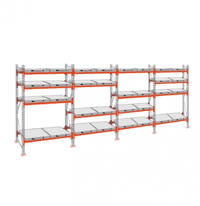 Стеллаж с выкатными платформами ДиКом 2500х7200х1000 на 4 яруса П-90