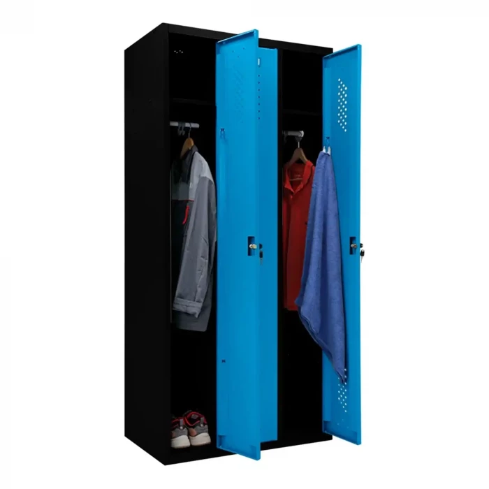 Шкаф металлический трехдверный черный с голубым